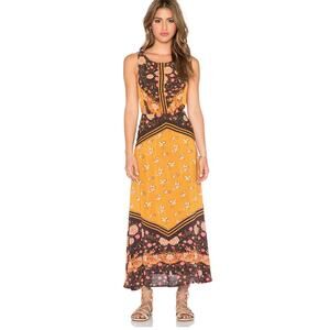 Free People Sunrise Oblivion Dress – Antique Gold Floral Boho Maxi Rayon size 4